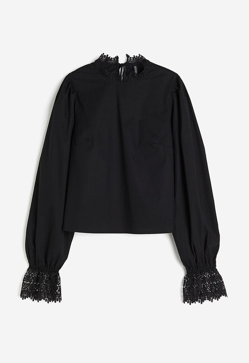 H&M - Lace-trimmed poplin top - black