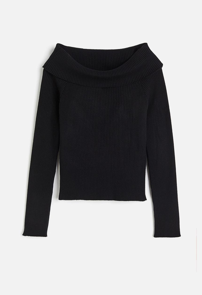 H&M - Rib-knit off-the-shoulder top - black