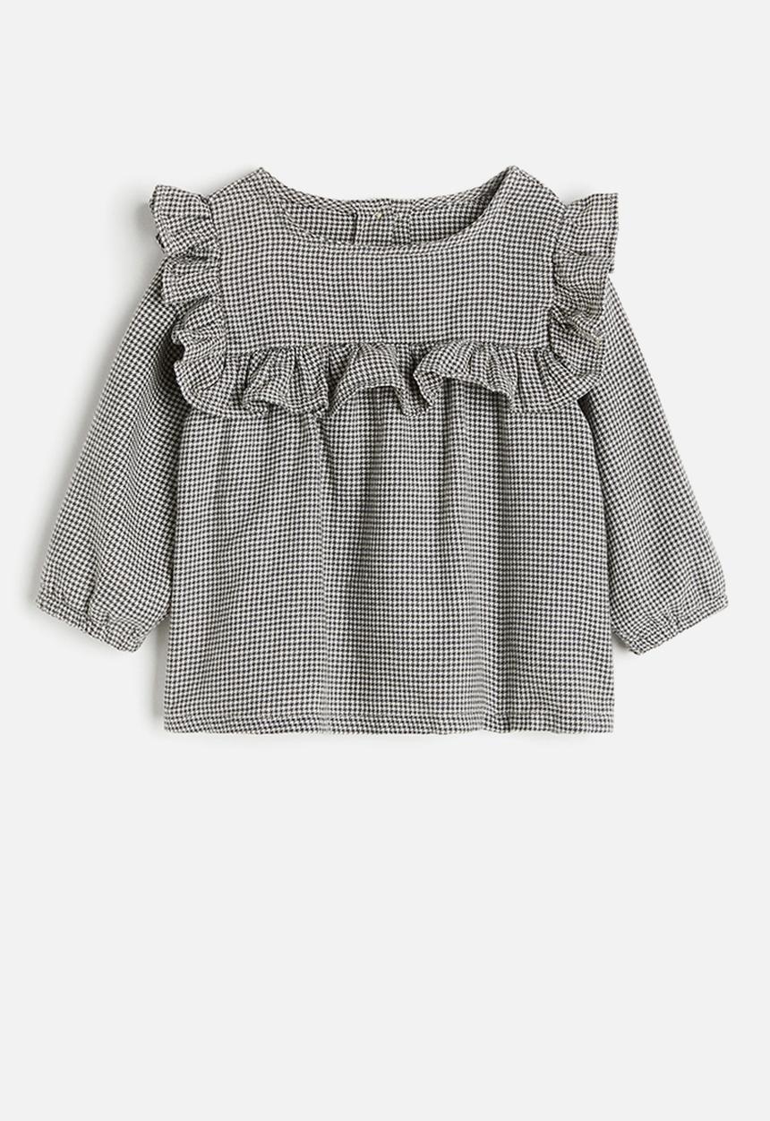H&M - Frill-trimmed flannel blouse - grey dogtooth-patterned
