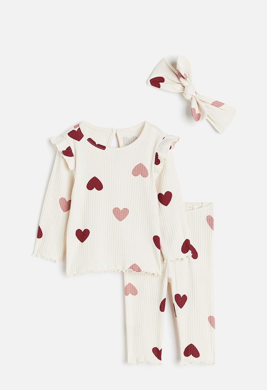 H&M - 3-Piece ribbed set - light beige/hearts