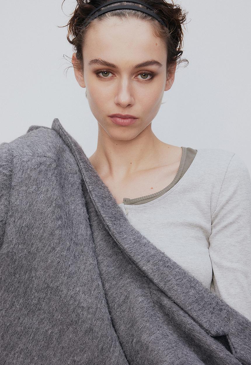 H&M - Ribbed henley top - light grey marl