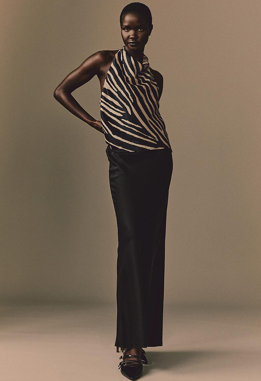 H&M - Satin halterneck top - black/zebra print