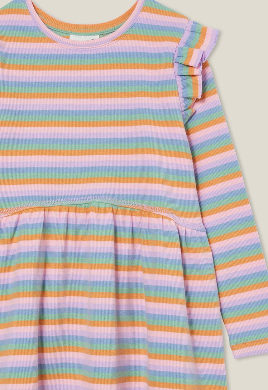 Cotton On - Indie ruffle long sleeve dress - retro rainbow stripe rib