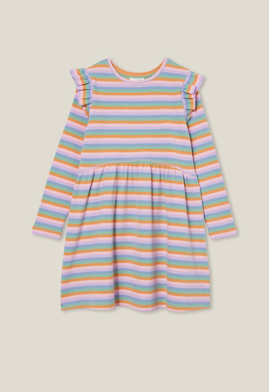 Cotton On - Indie ruffle long sleeve dress - retro rainbow stripe rib