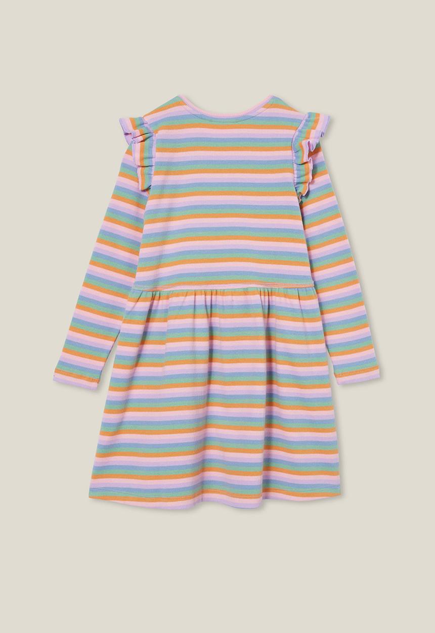 Cotton On - Indie ruffle long sleeve dress - retro rainbow stripe rib