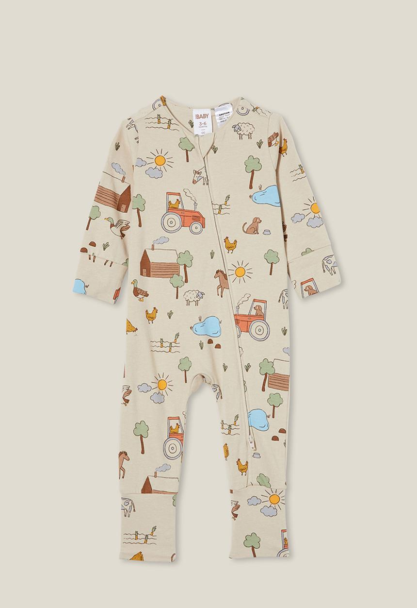 Cotton On - The long sleeve zip romper - rainy day/farm friends