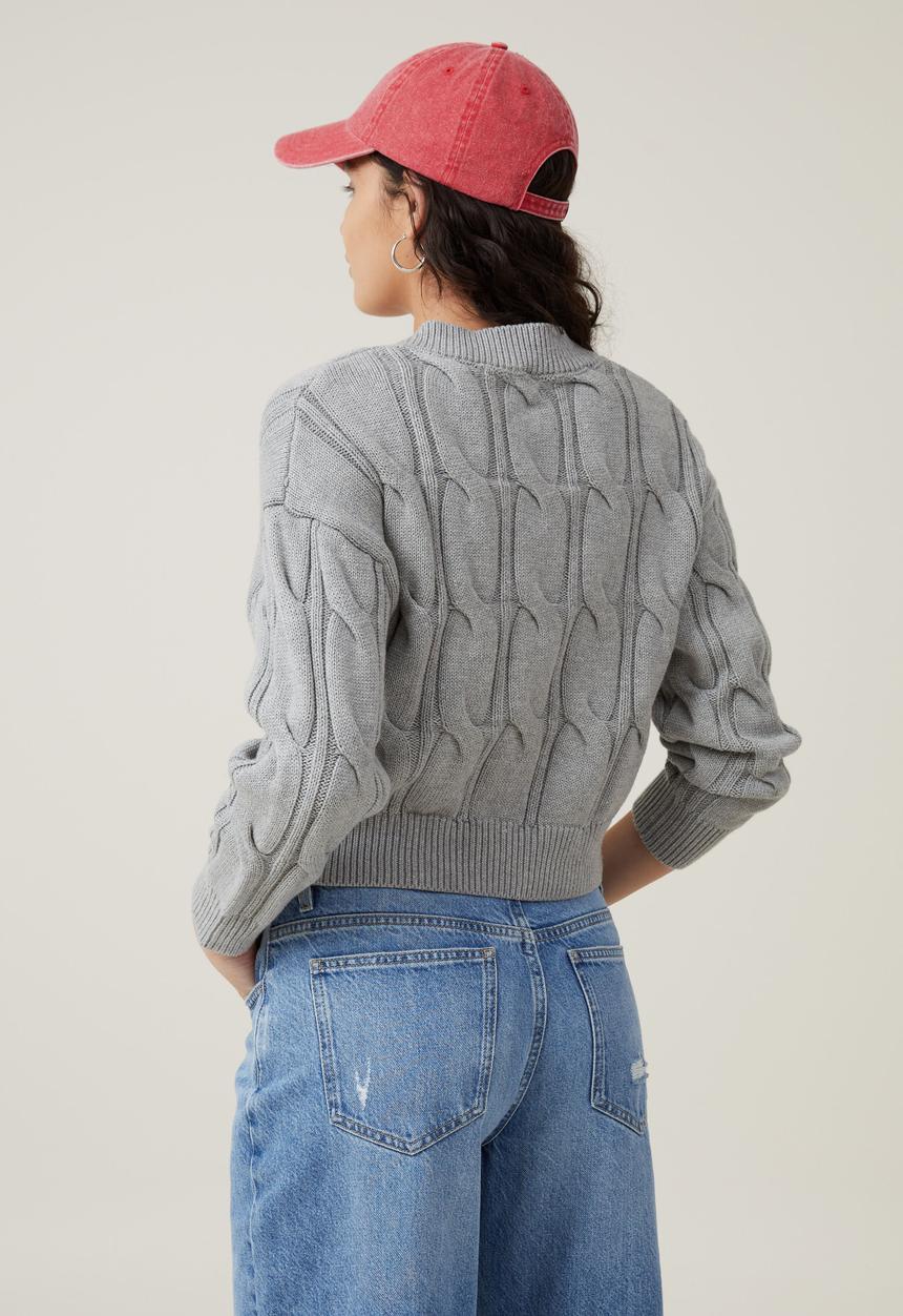 Cotton On - Cable Cotton V-Neck Pullover - Grey Shadow Marle