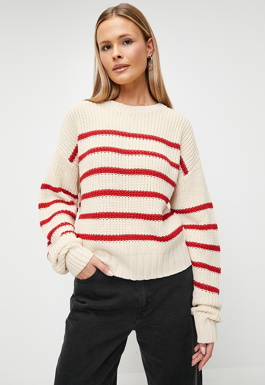 Blake - Stripe crew neck - stone & red