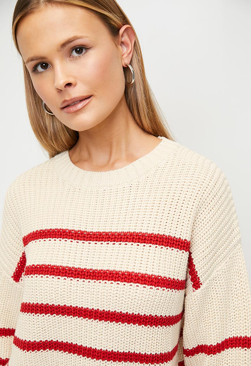 Blake - Stripe crew neck - stone & red
