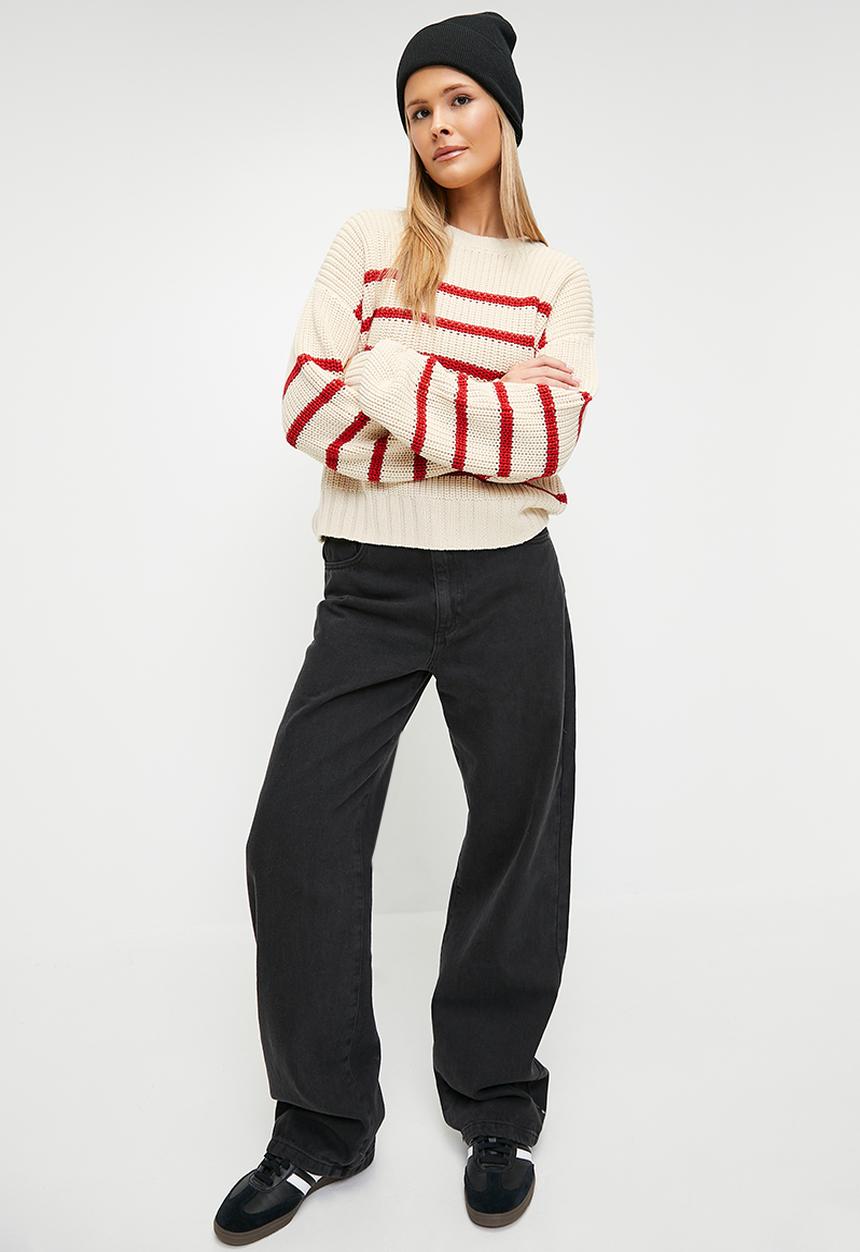 Blake - Stripe crew neck - stone & red