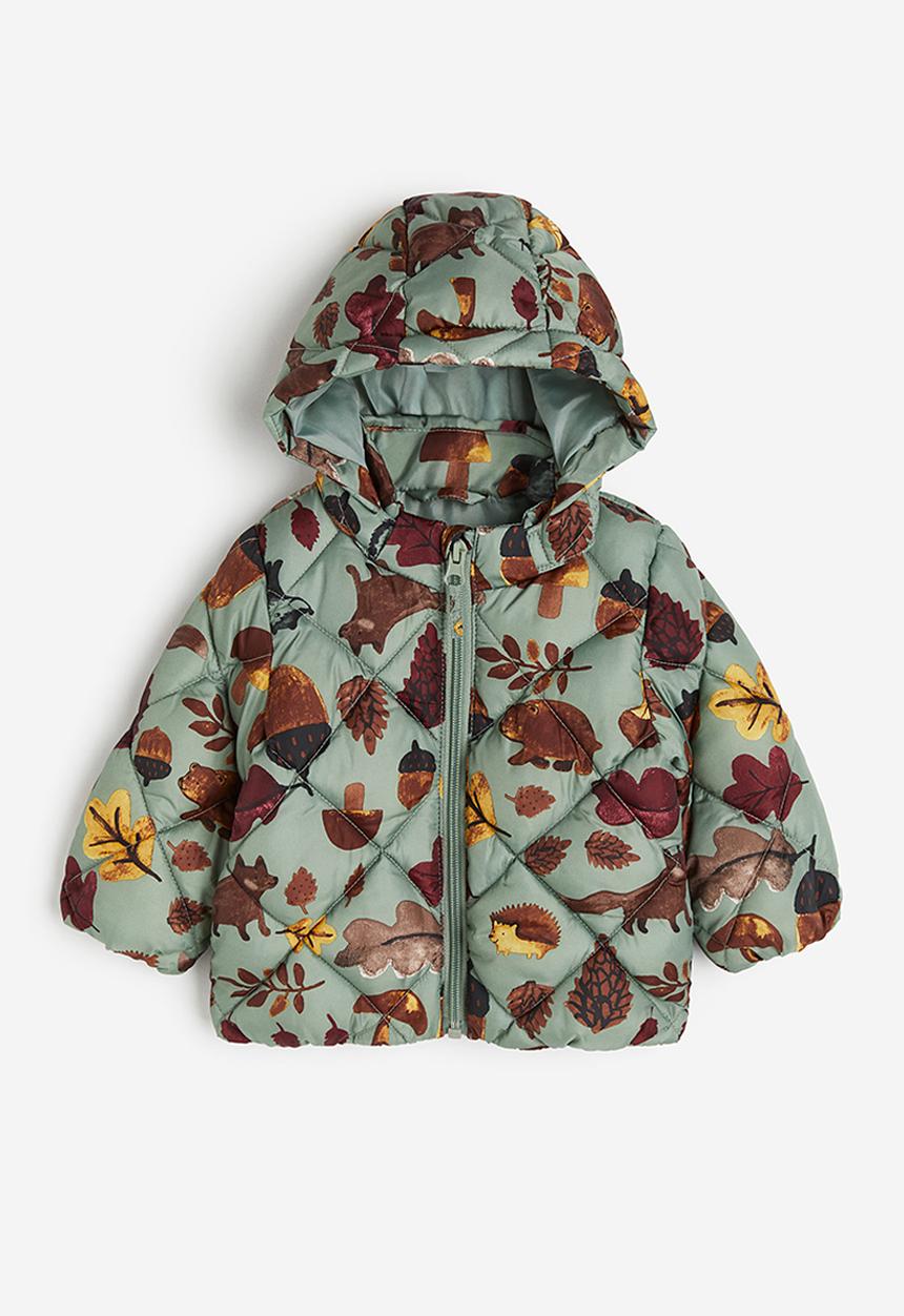 H&M - Hooded puffer jacket - light khaki green patterned 