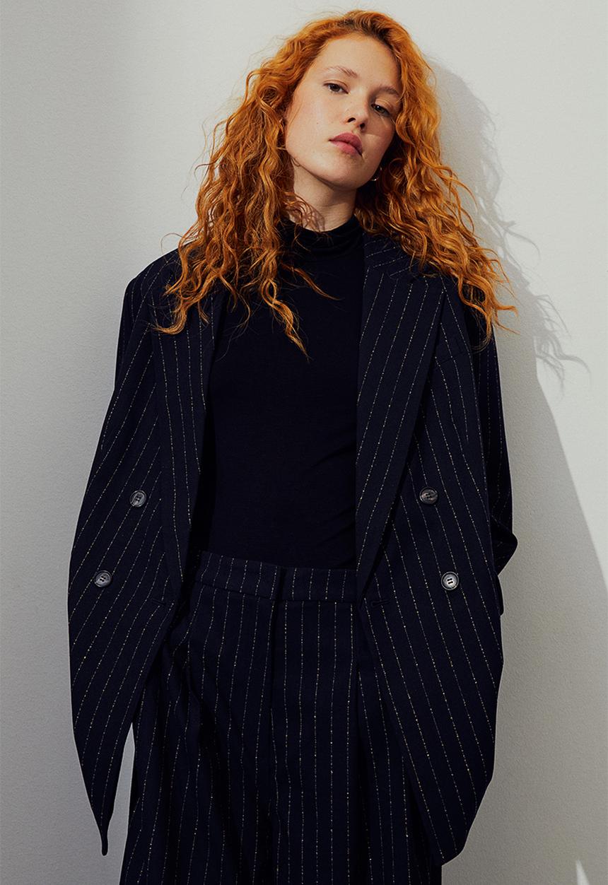 H&M - Double-breasted blazer - navy blue pinstriped