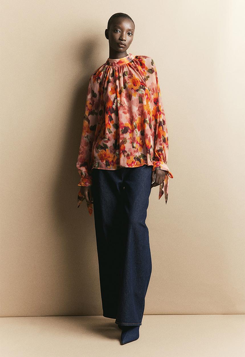 H&M - Bow-detailed crêpe blouse - pink,orange,multi