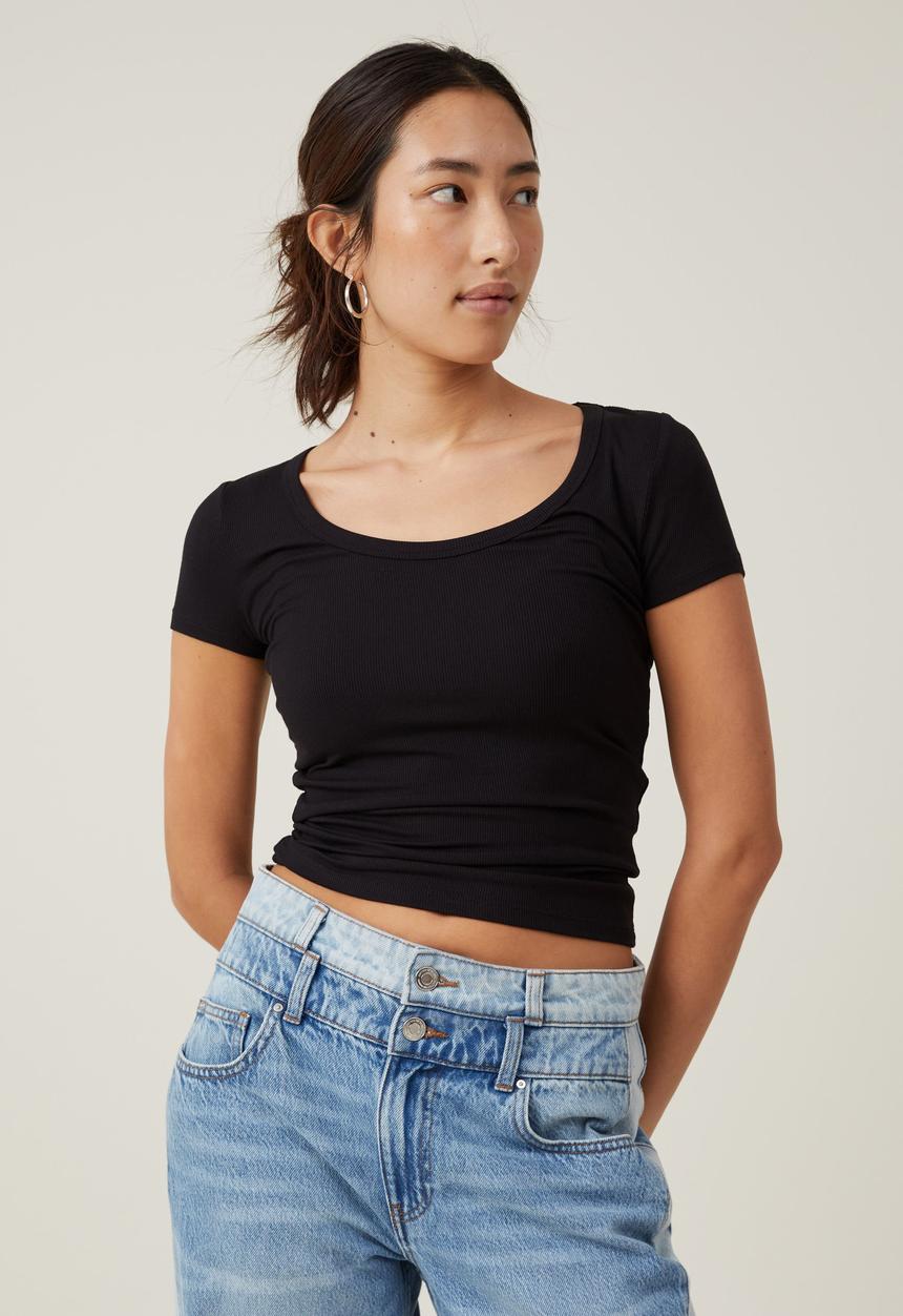 Cotton On - Staple Rib Scoop Neck Short Sleeve Top - Black 