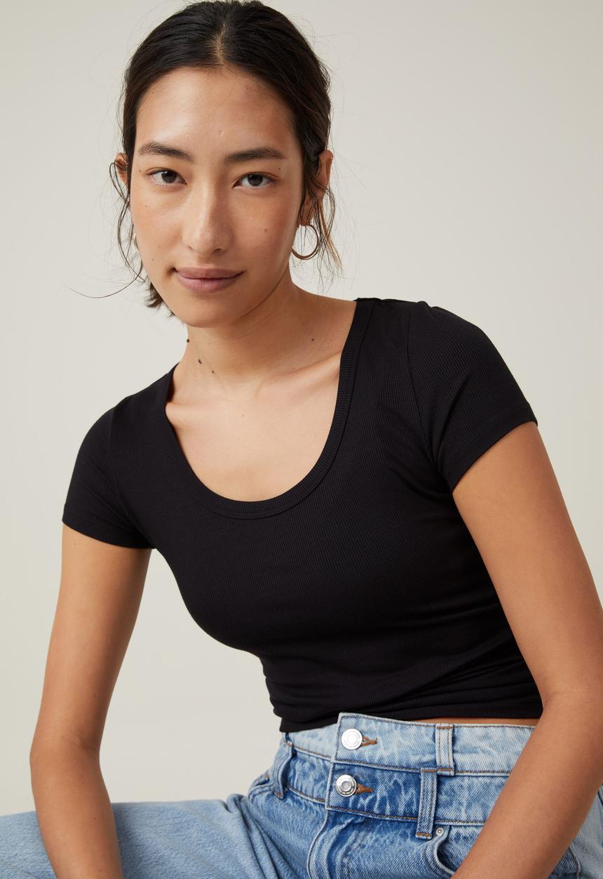 Cotton On - Staple Rib Scoop Neck Short Sleeve Top - Black 