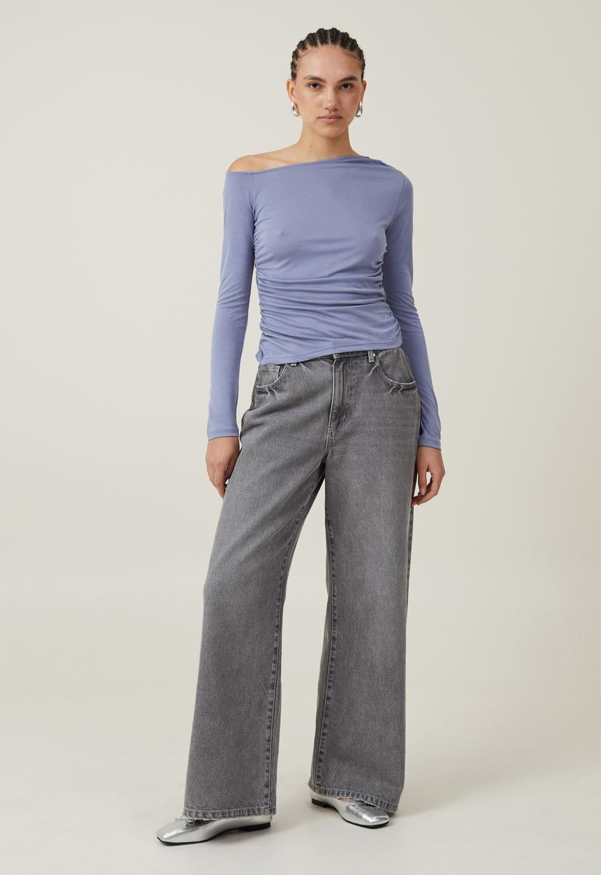 Cotton On - Gabby Off The Shoulder Long Sleeve Top - Elemental Blue