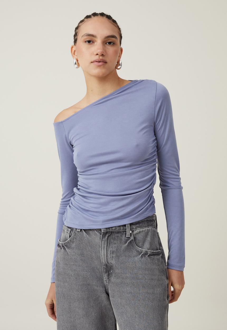 Cotton On - Gabby Off The Shoulder Long Sleeve Top - Elemental Blue
