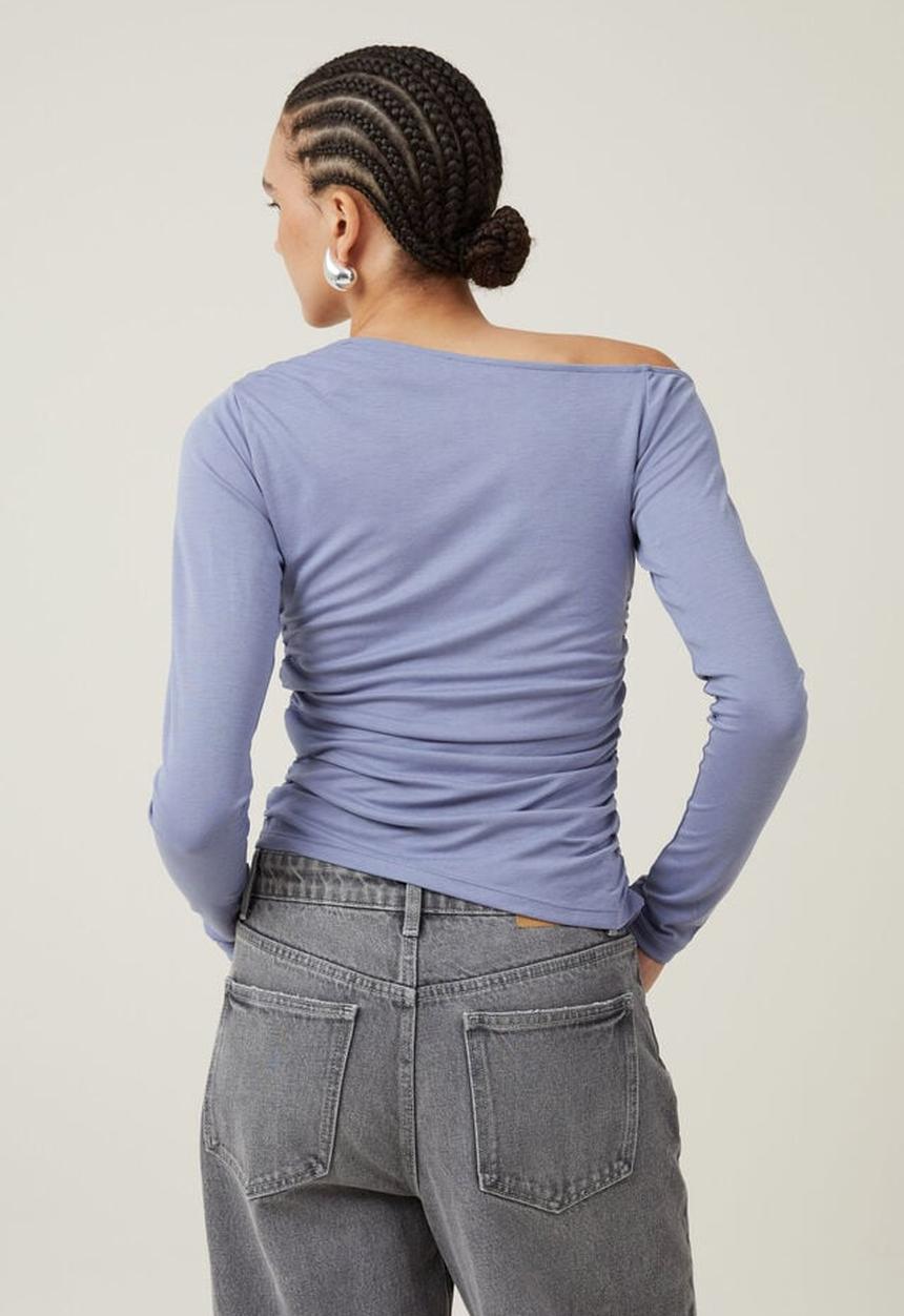 Cotton On - Gabby Off The Shoulder Long Sleeve Top - Elemental Blue