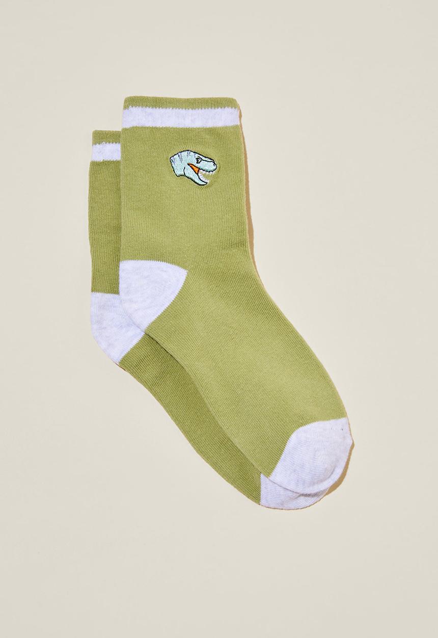 Cotton On - Single pack crew socks - deep sage/dino head embroidery