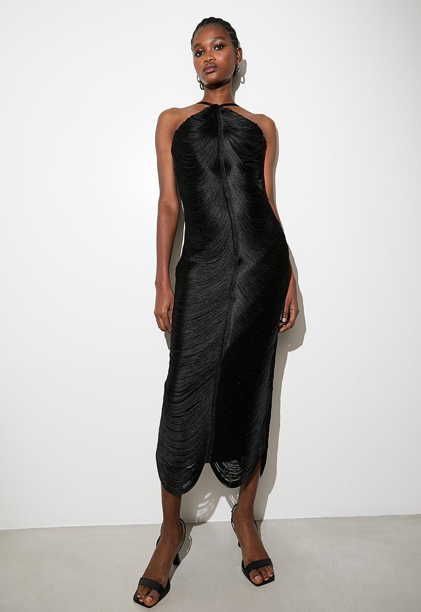VELVET - Halterneck fringe midi dress - black