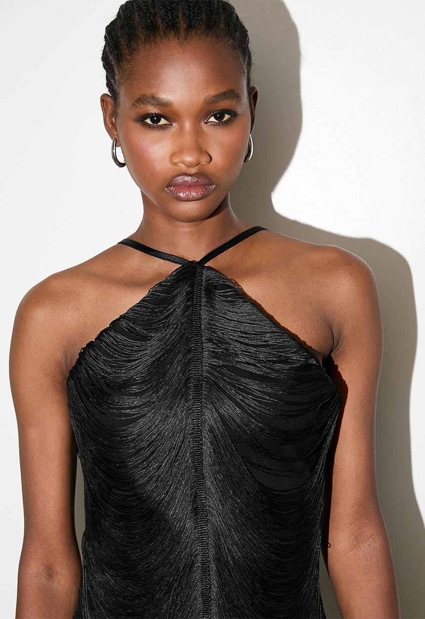 VELVET - Halterneck fringe midi dress - black