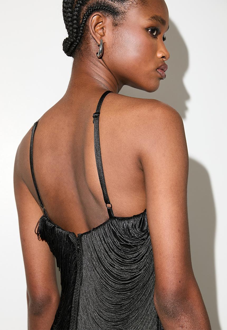 VELVET - Halterneck fringe midi dress - black