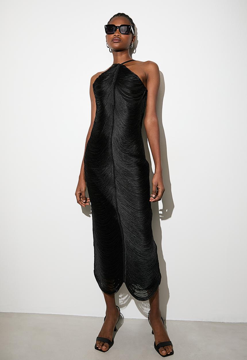 VELVET - Halterneck fringe midi dress - black