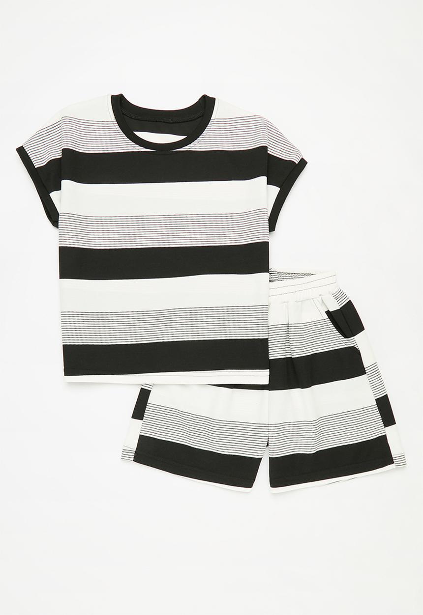 Pop Candy - Striped tee and short set - black and ecru