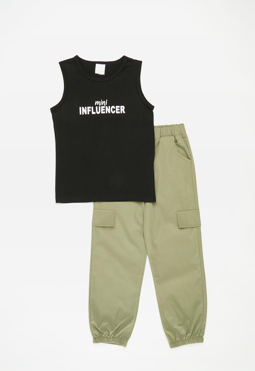 Pop Candy - Vest & utility pants set-black & green
