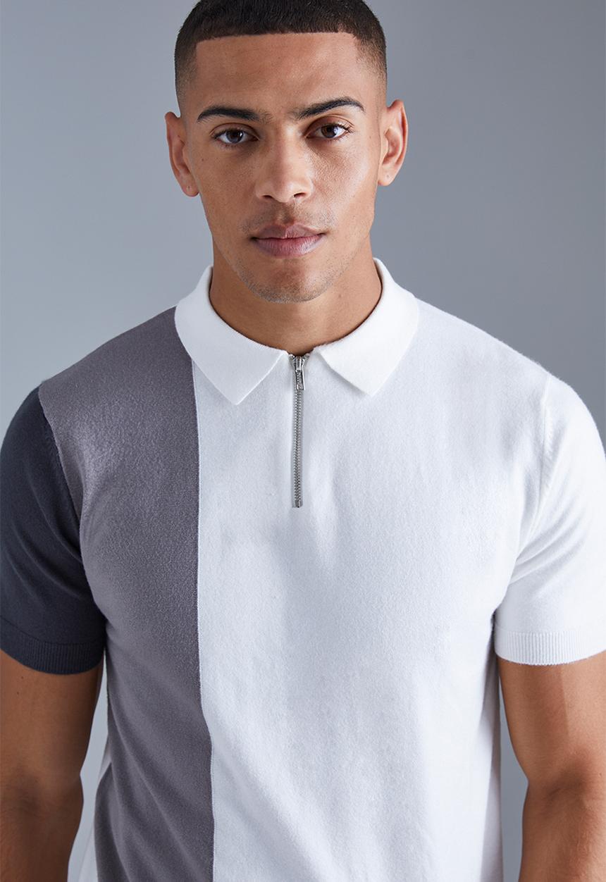 boohooMAN - Short sleeve half zip colour block knit polo - grey