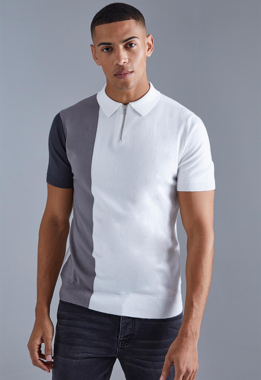 boohooMAN - Short sleeve half zip colour block knit polo - grey