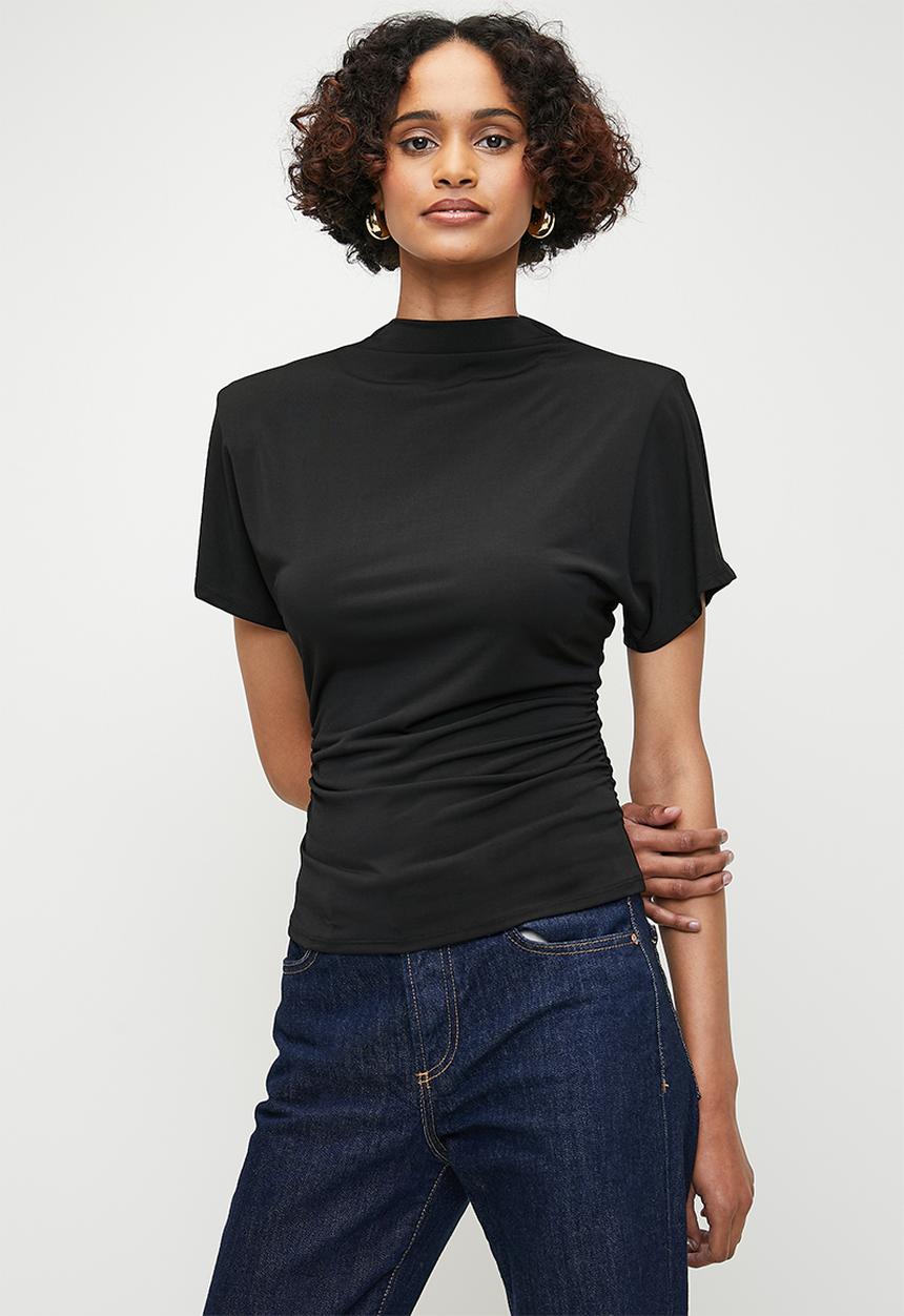 edit - High neck drape top - black