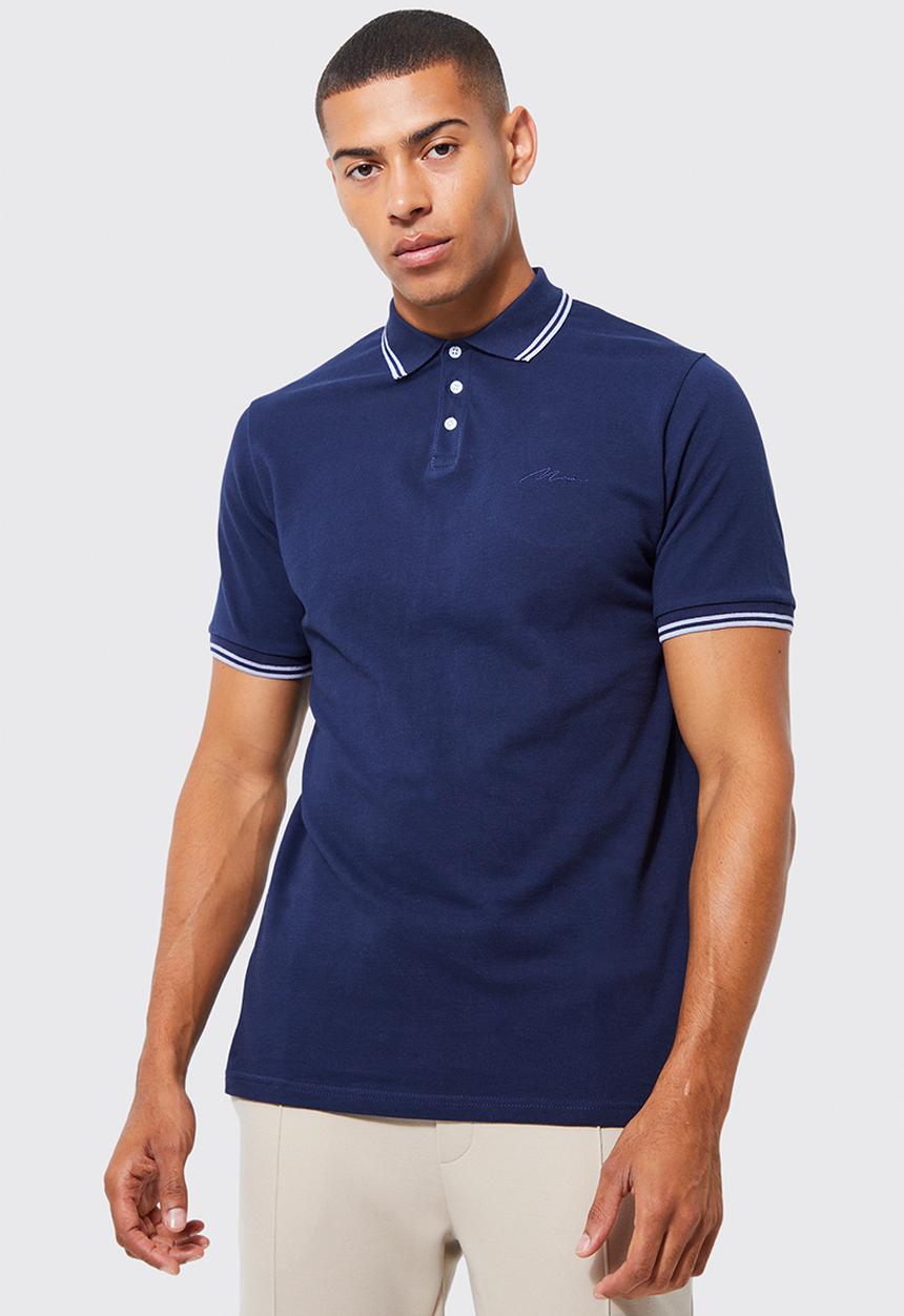 boohooMAN - Slim fit man signature tipped pique polo - mid navy