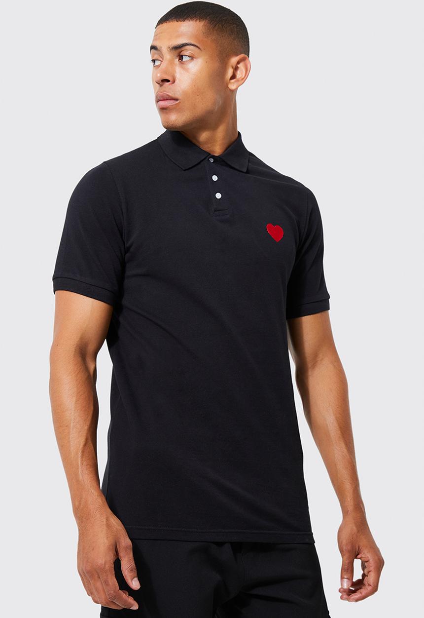 boohooMAN - Slim fit heart short sleeve pique polo - black