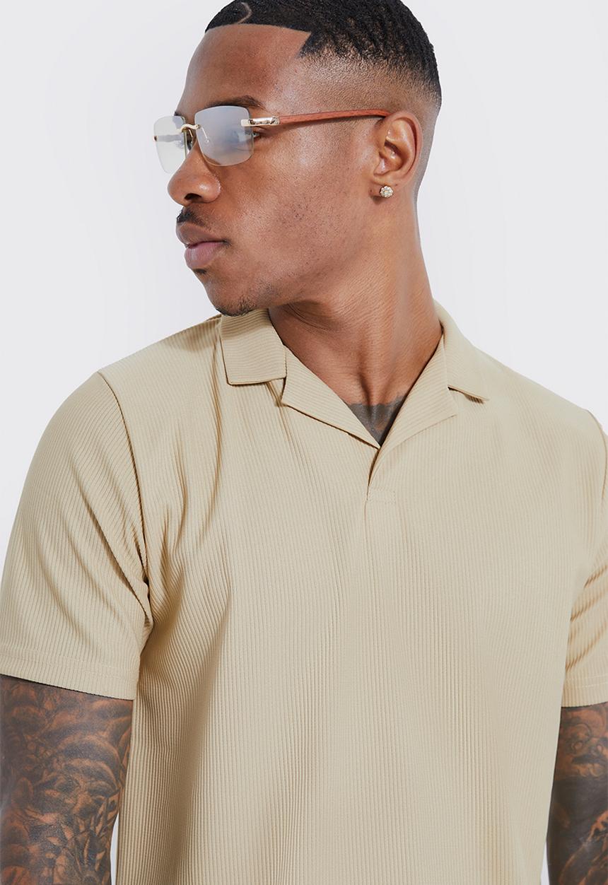 boohooMAN - Slim ottoman rib revere polo - stone