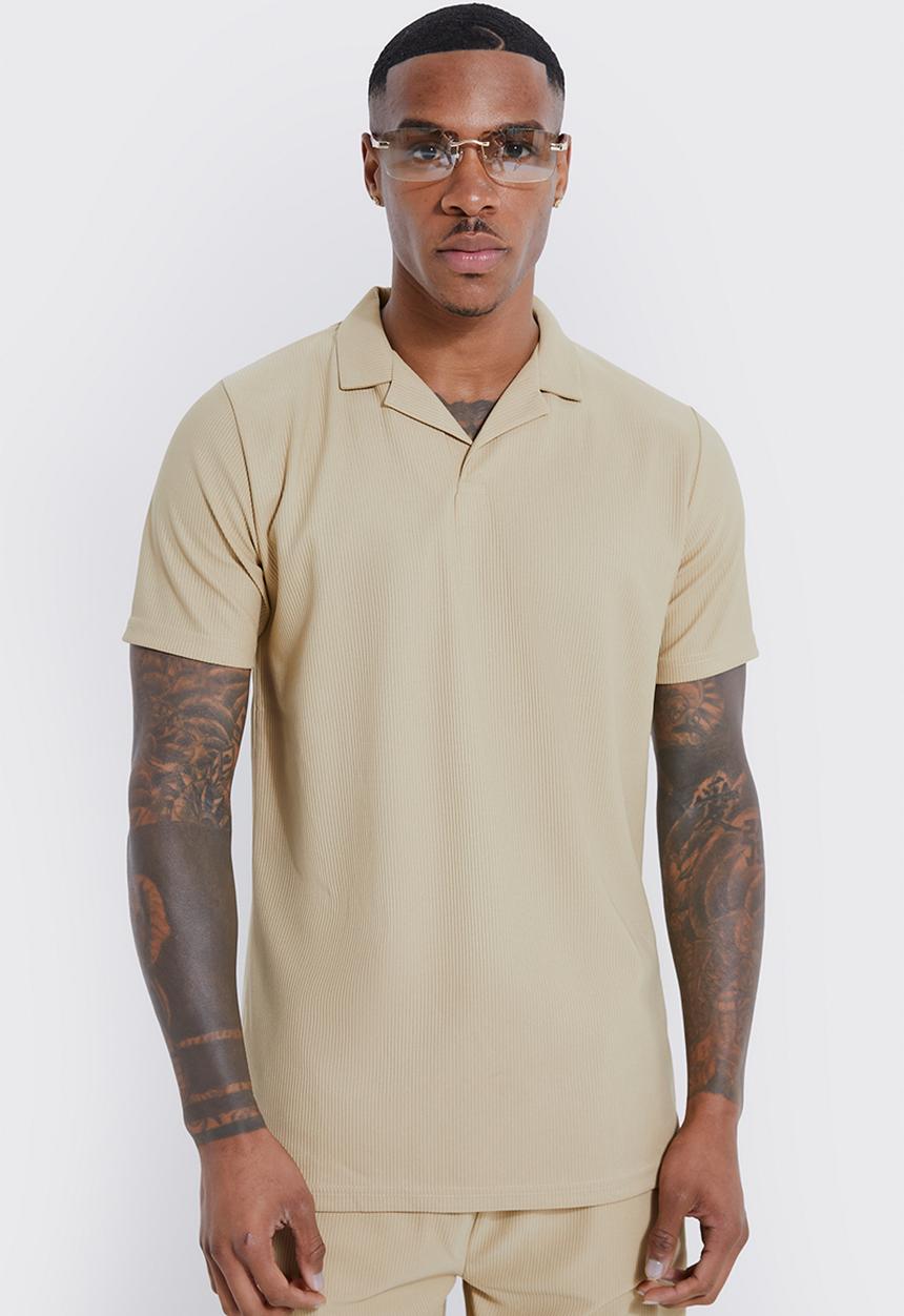boohooMAN - Slim ottoman rib revere polo - stone