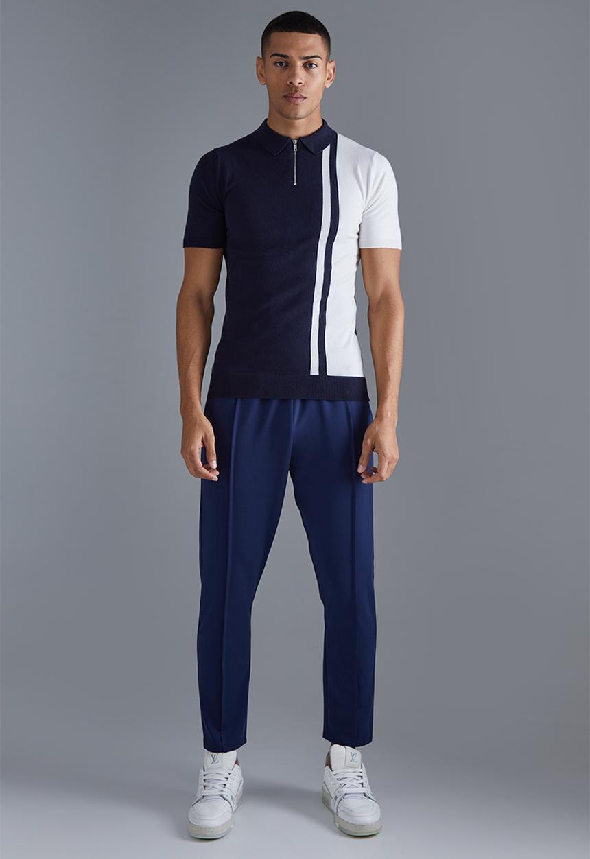 boohooMAN - Short sleeve muscle fit colour block polo - navy