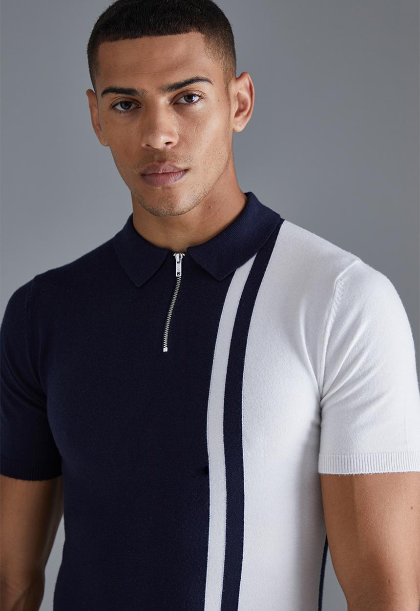 boohooMAN - Short sleeve muscle fit colour block polo - navy