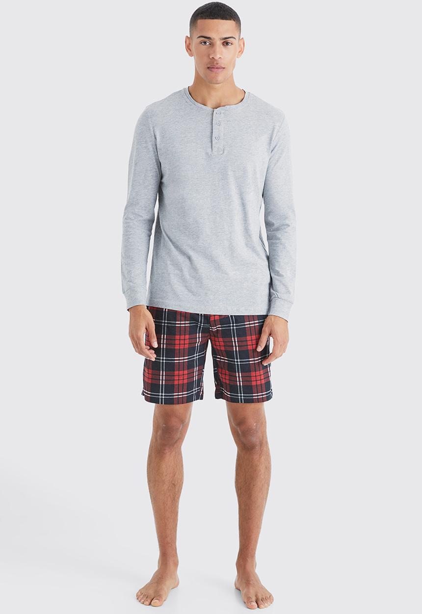 boohooMAN - Long sleeve t-shirt & checked short lounge set - grey
