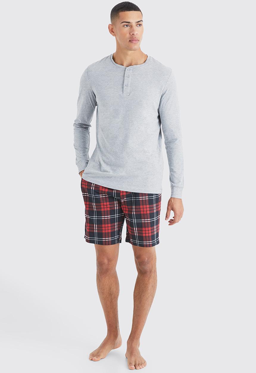 boohooMAN - Long sleeve t-shirt & checked short lounge set - grey