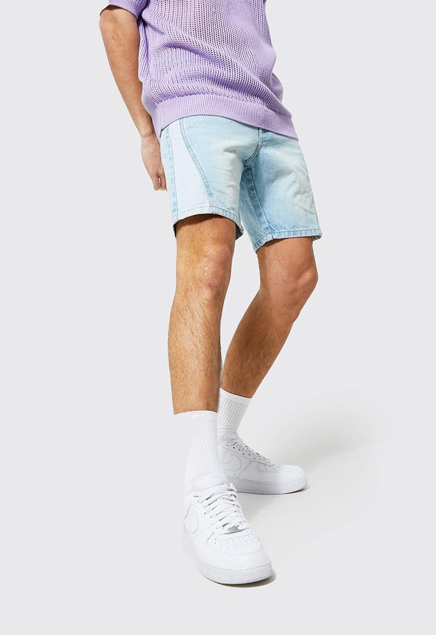 boohooMAN - Slim rigid swirl seam detail denim short - ice blue