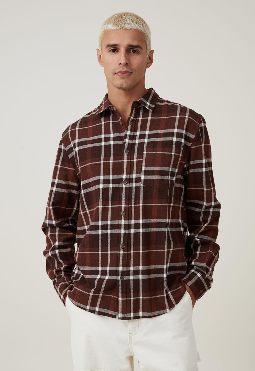 Cotton On - Camden long sleeve shirt - brown window check