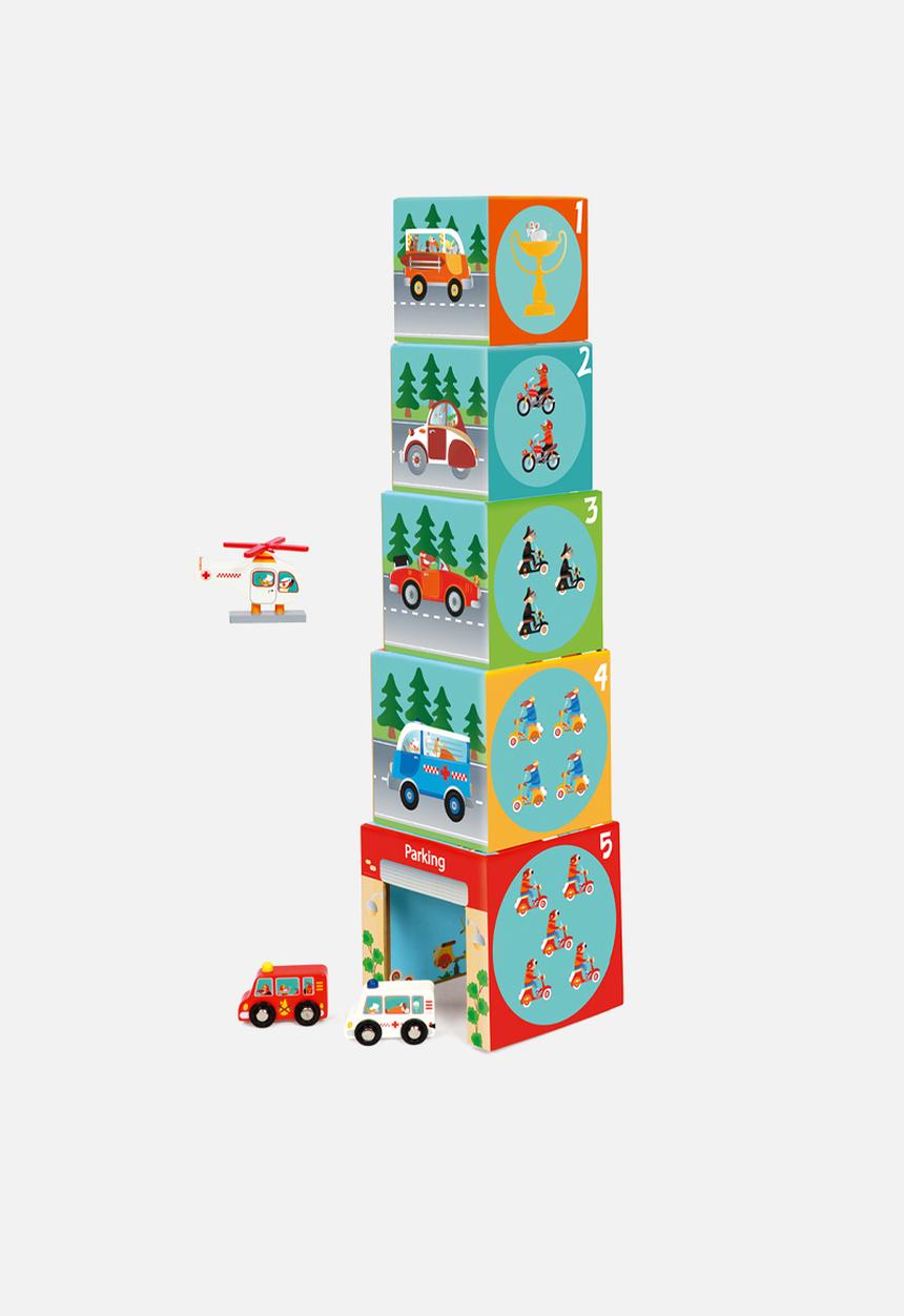 Scratch Europe - Stacking tower on the road 5 blocks & wooden pieces - multi