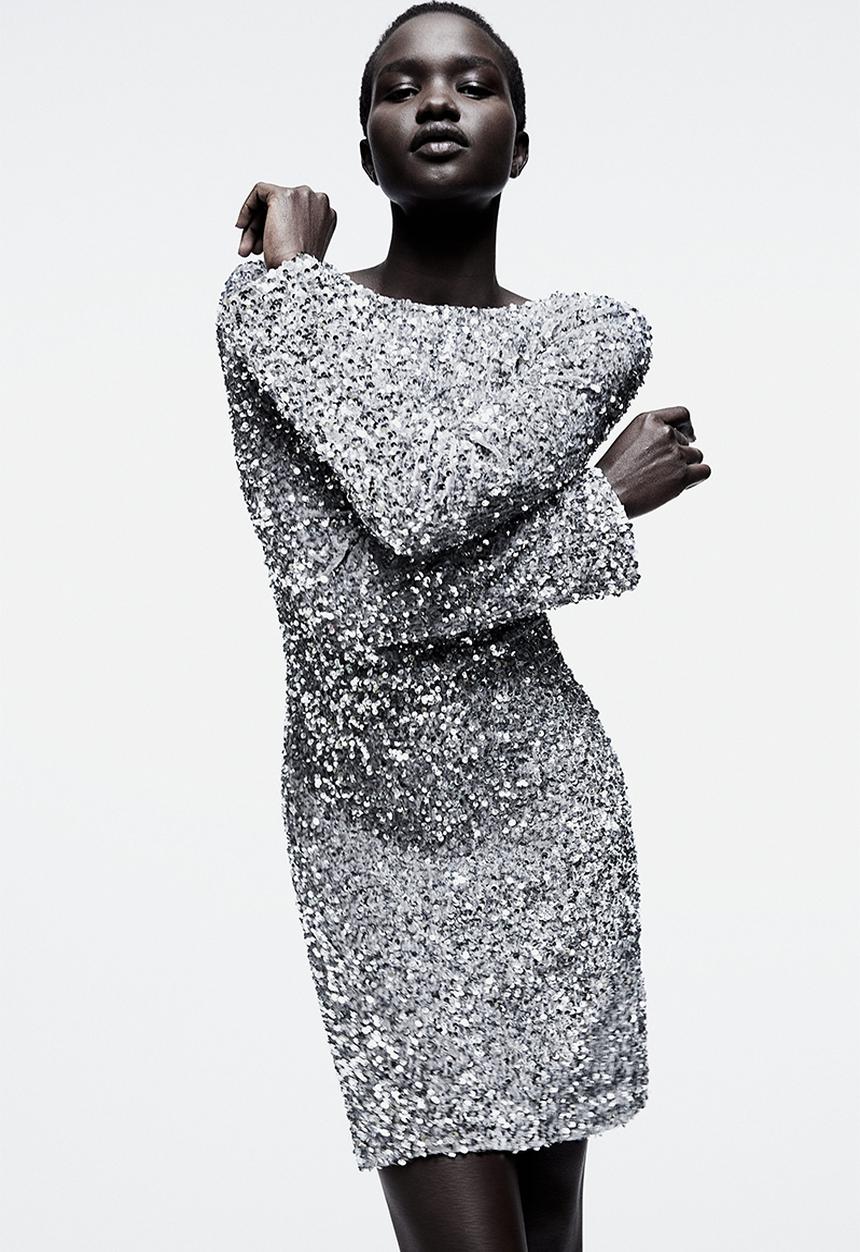 H&M - Sequined deep-back dress - silver-coloured