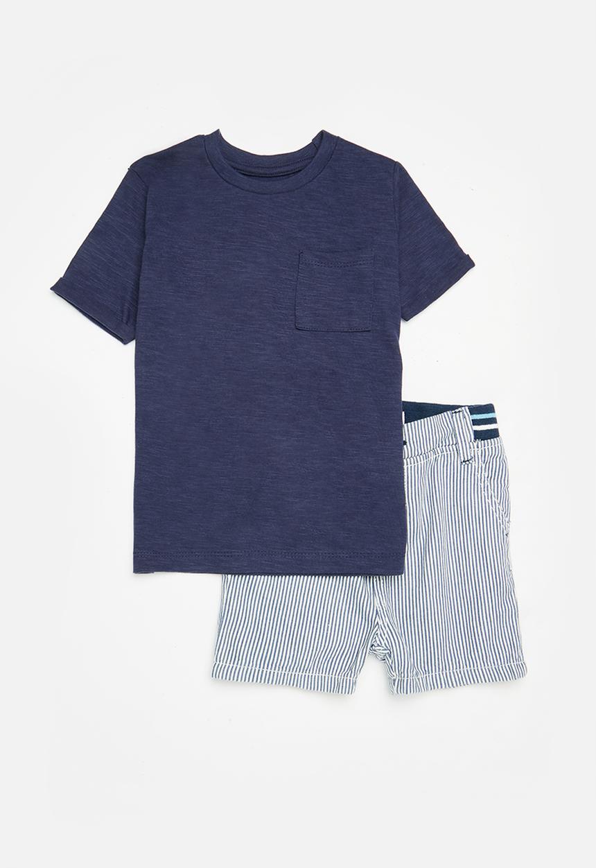 MINOTI - Striped denim short and t-shirt - navy