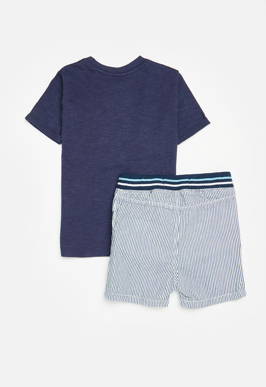 MINOTI - Striped denim short and t-shirt - navy