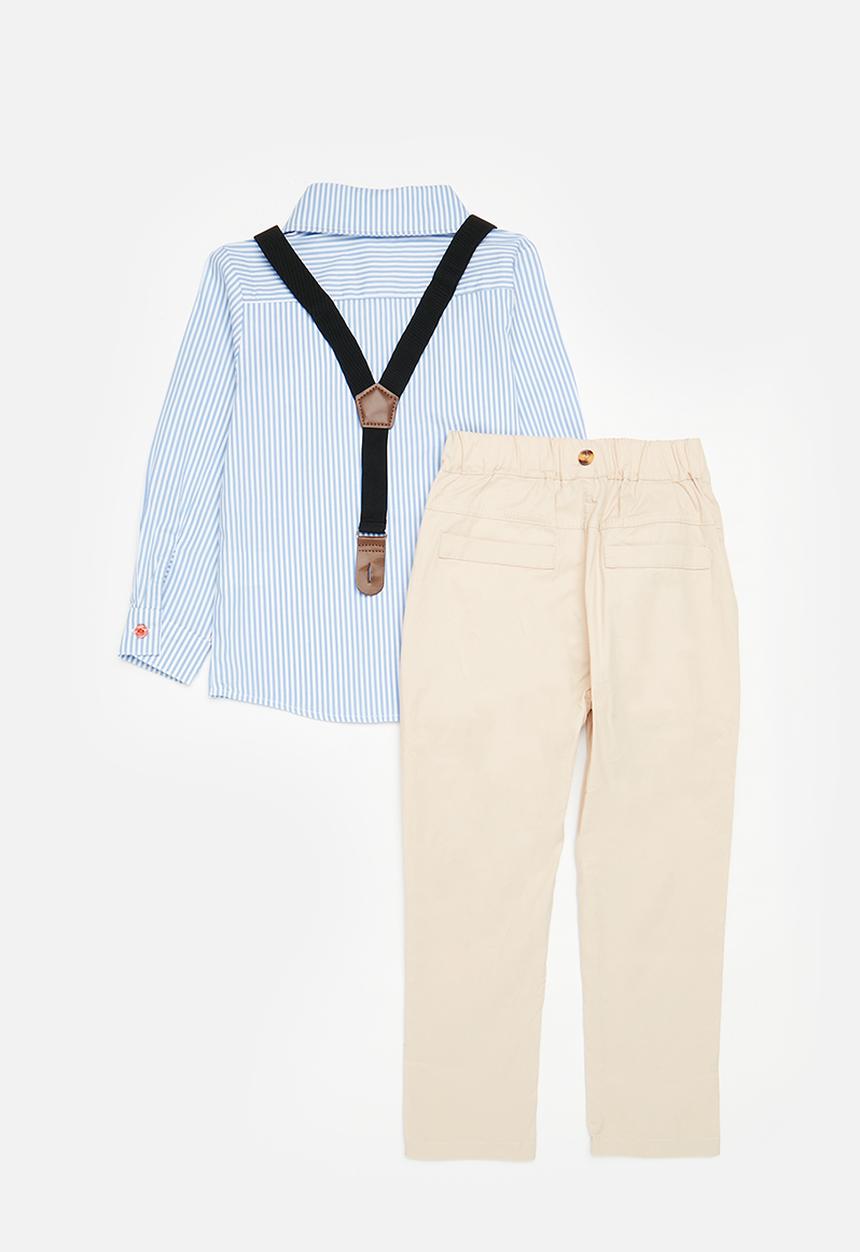 Pop Candy - Suspender pants ,bow tie & shirt set - blue - blue & beige