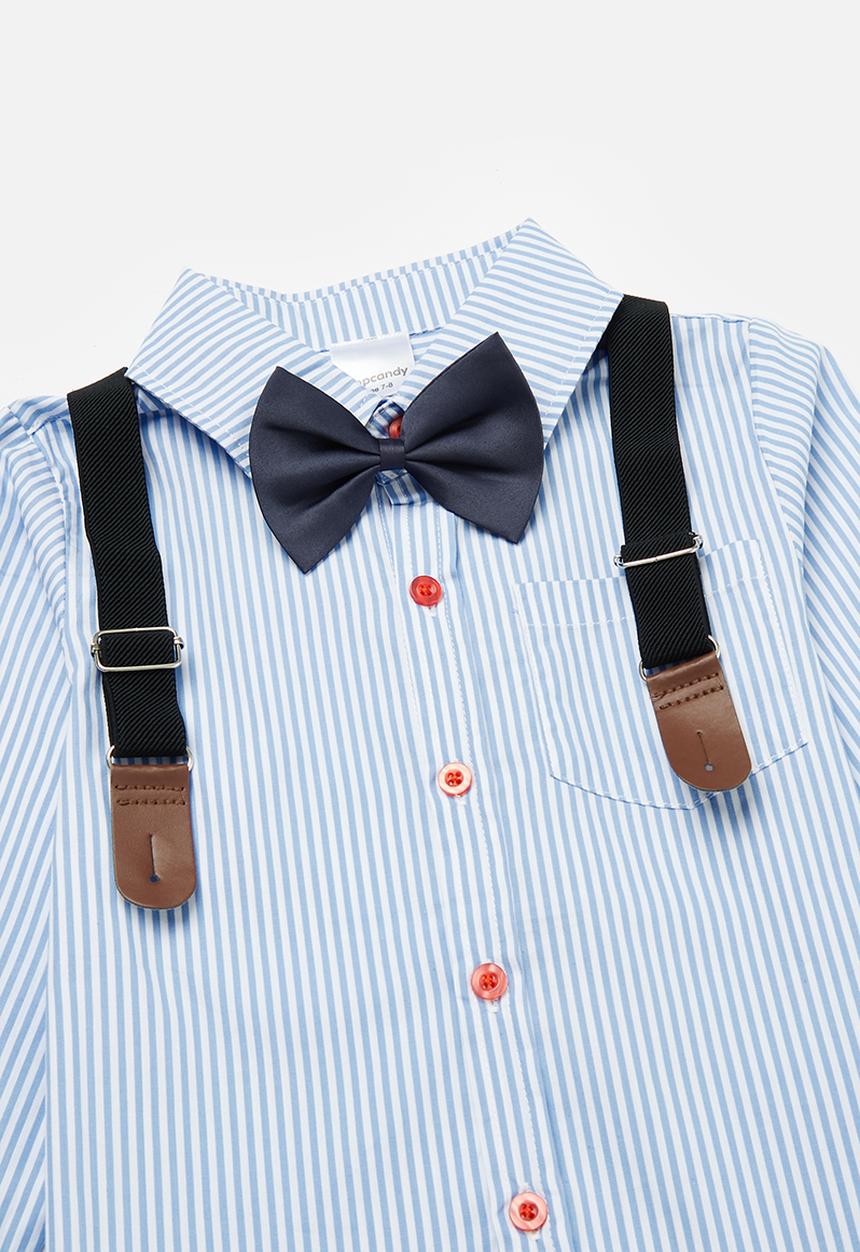 Pop Candy - Suspender pants ,bow tie & shirt set - blue - blue & beige