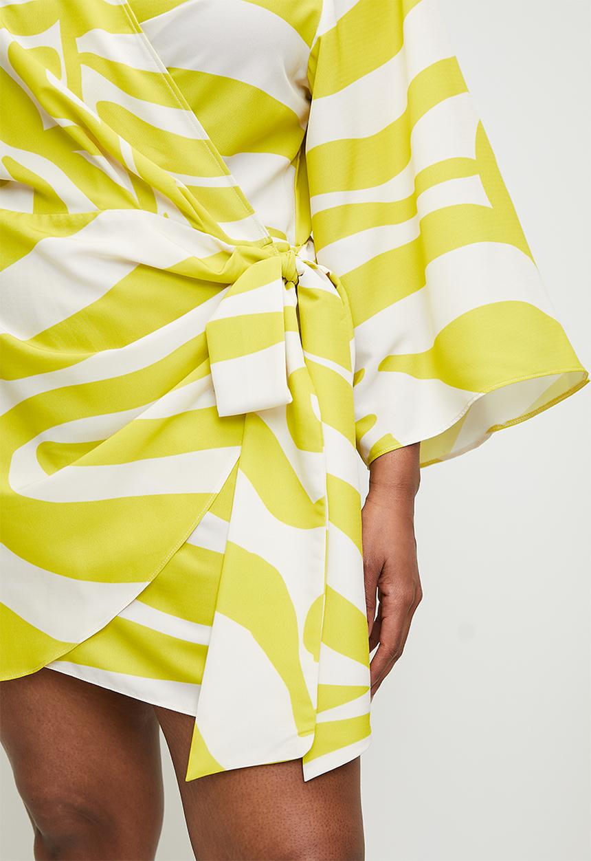 VELVET - Plus exaggerated sleeve mini wrap dress - yellow graded zebra.