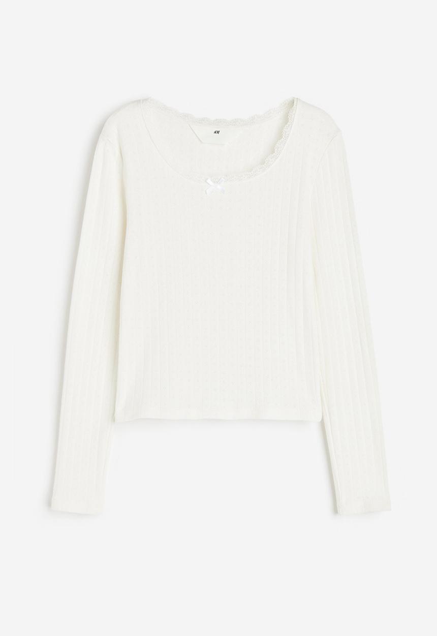 H&M - Lace-trimmed pointelle jersey top - white